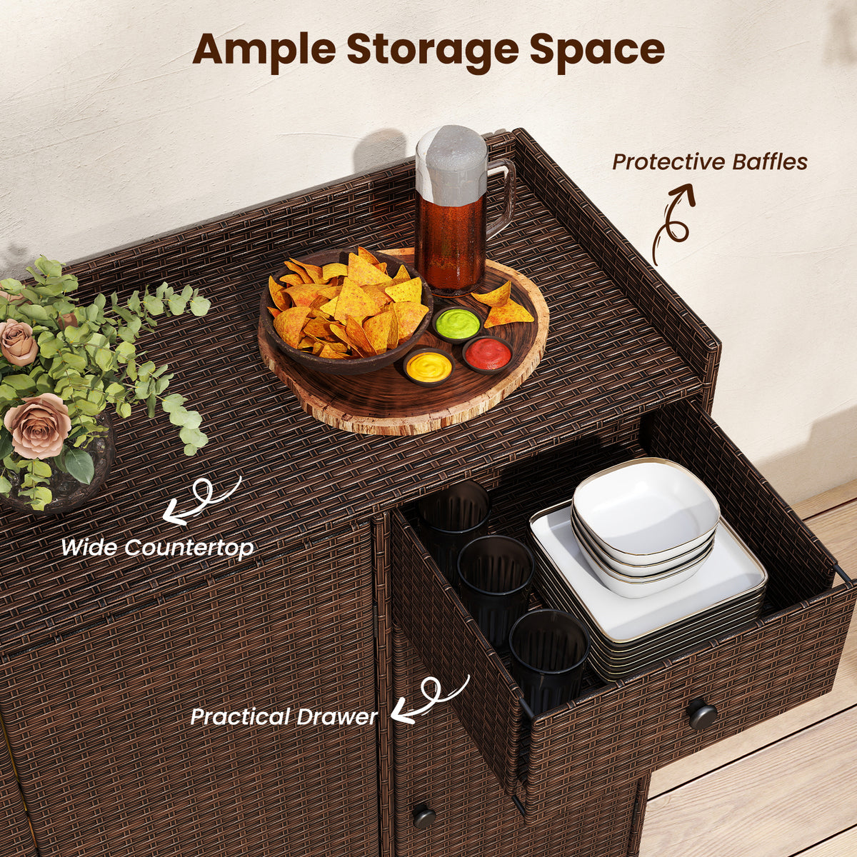 Outdoor PE Wicker Storage Cabinet with 3 Doors for Deck