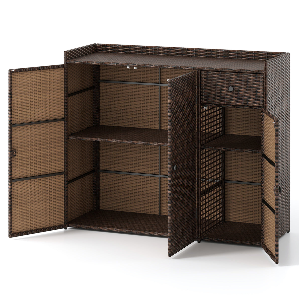 Outdoor PE Wicker Storage Cabinet with 3 Doors for Deck
