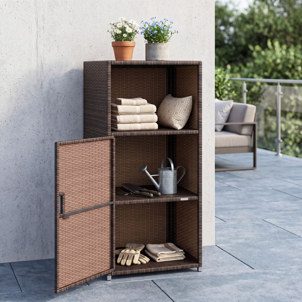 Outdoor PE Wicker Storage Cabinet with Door and Open Compartment for Patio