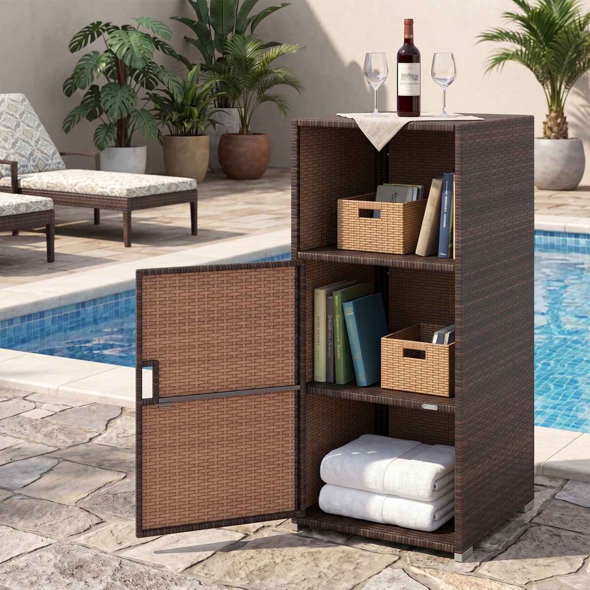 Outdoor PE Wicker Storage Cabinet with Door and Open Compartment for Patio
