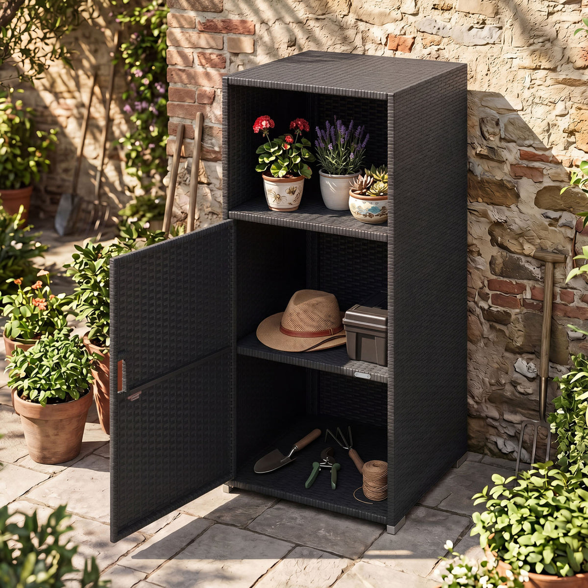 Outdoor PE Wicker Storage Cabinet with Door and Open Compartment for Patio