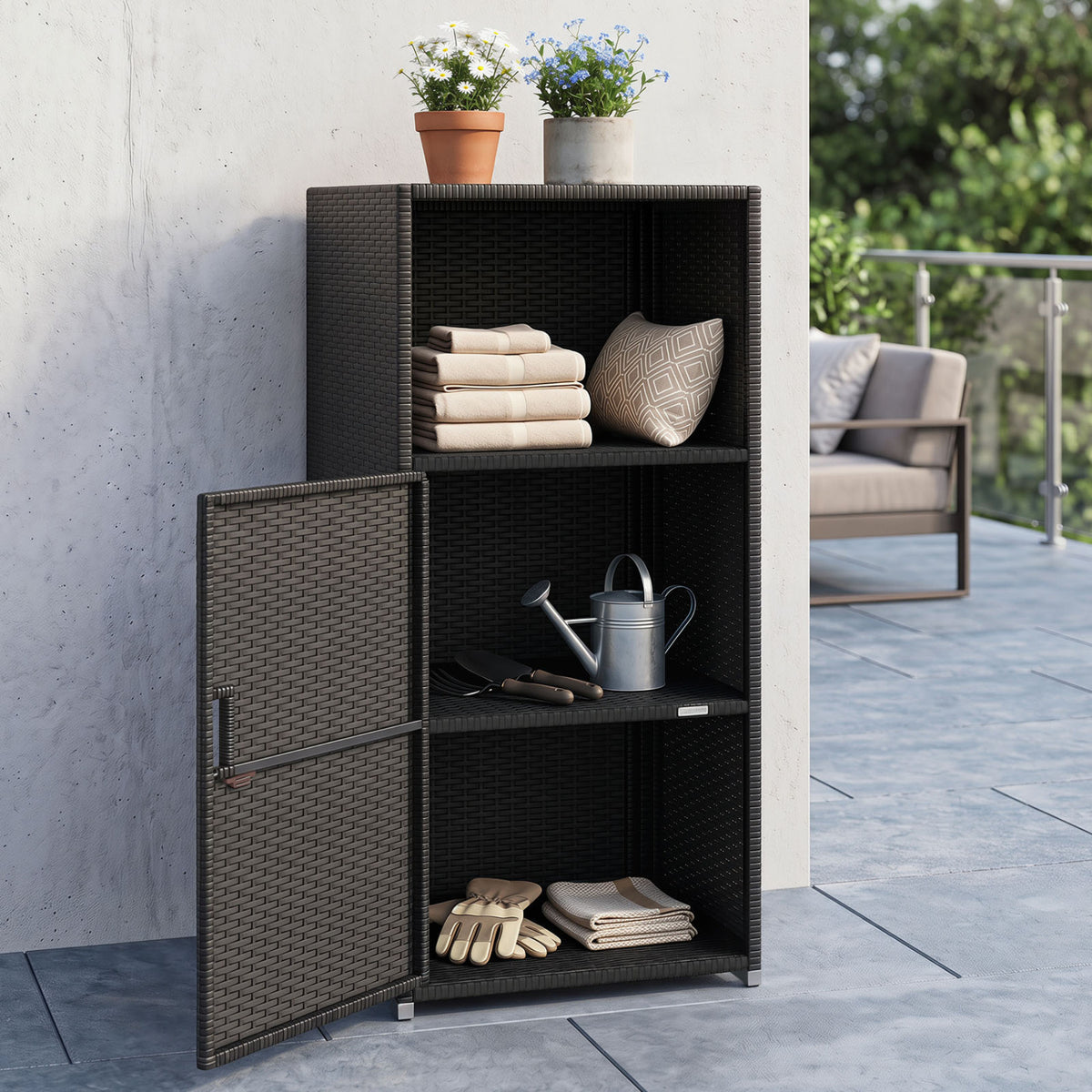 Outdoor PE Wicker Storage Cabinet with Door and Open Compartment for Patio