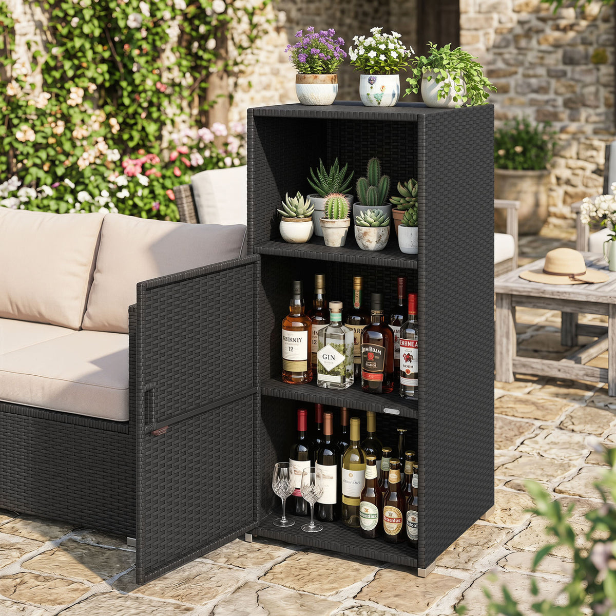 Outdoor PE Wicker Storage Cabinet with Door and Open Compartment for Patio