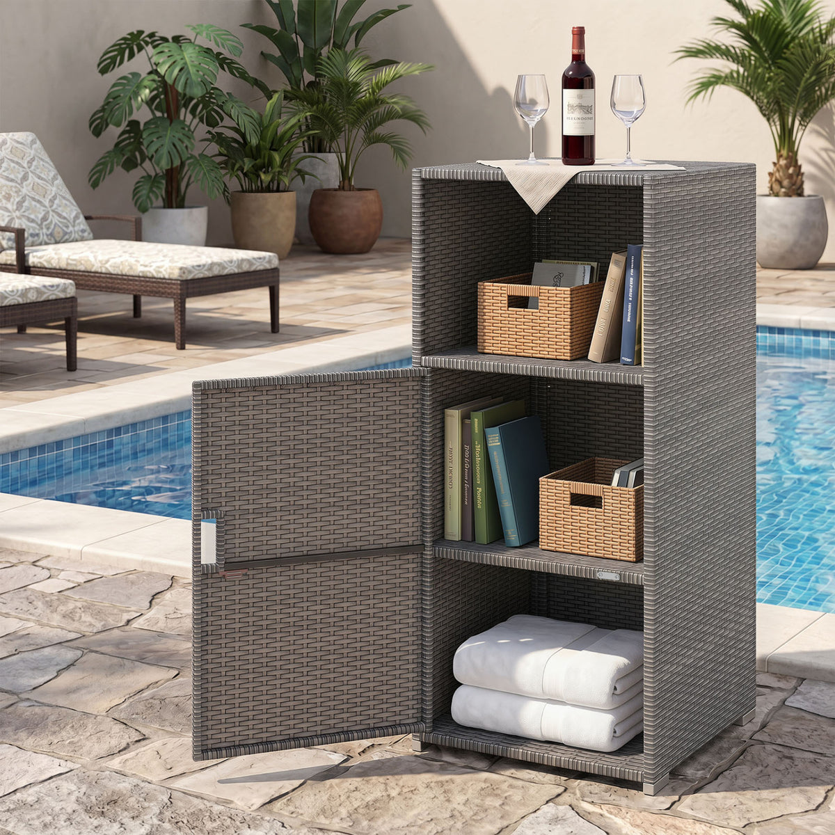 Outdoor PE Wicker Storage Cabinet with Door and Open Compartment for Patio