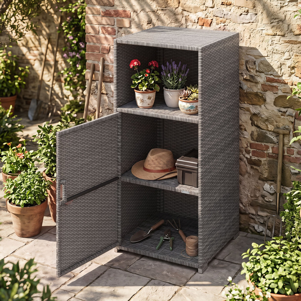 Outdoor PE Wicker Storage Cabinet with Door and Open Compartment for Patio