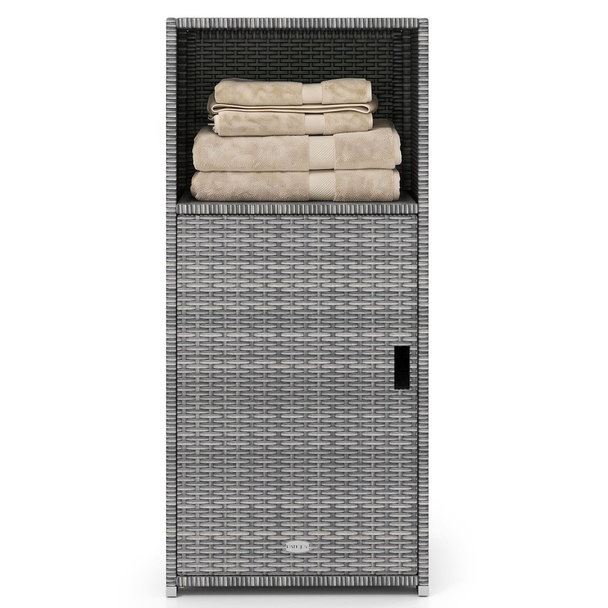 Outdoor PE Wicker Storage Cabinet with Door and Open Compartment for Patio