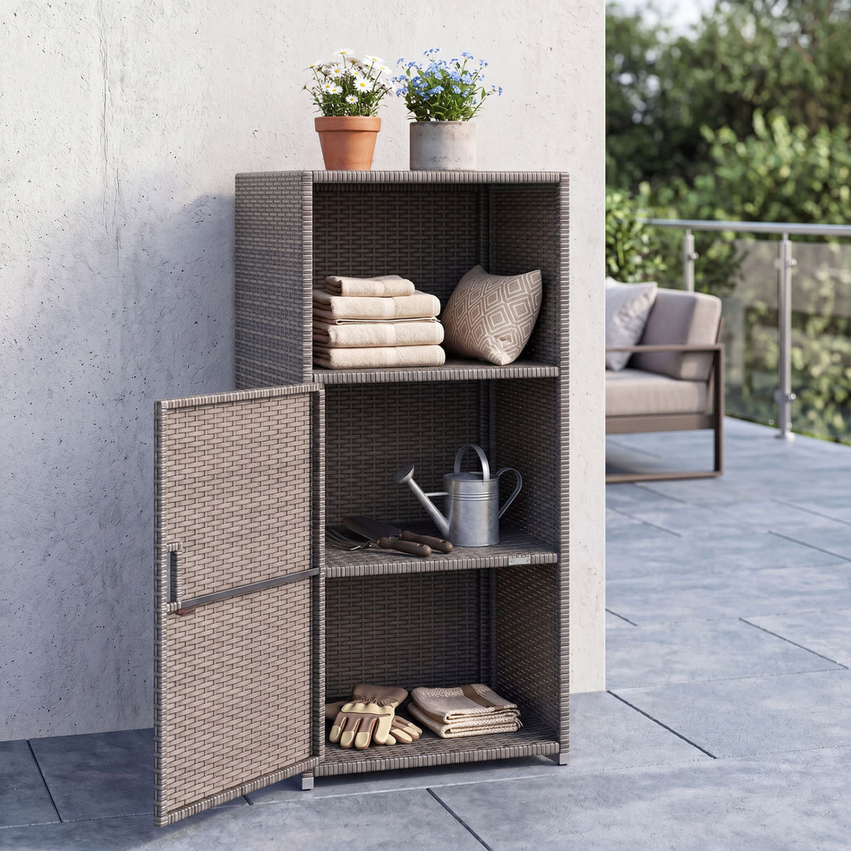 Outdoor PE Wicker Storage Cabinet with Door and Open Compartment for Patio