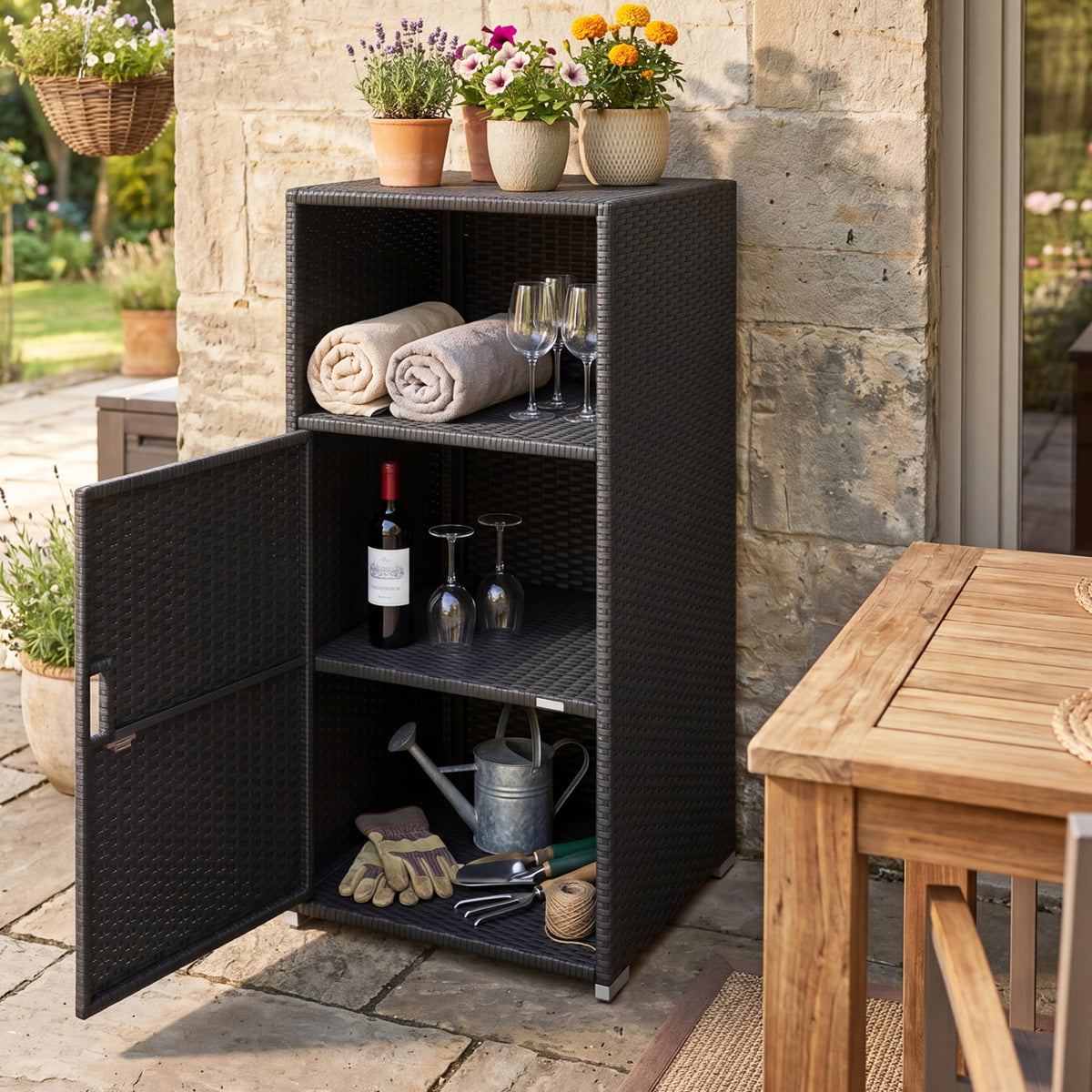 Outdoor PE Wicker Storage Cabinet with Door and Open Compartment for Patio