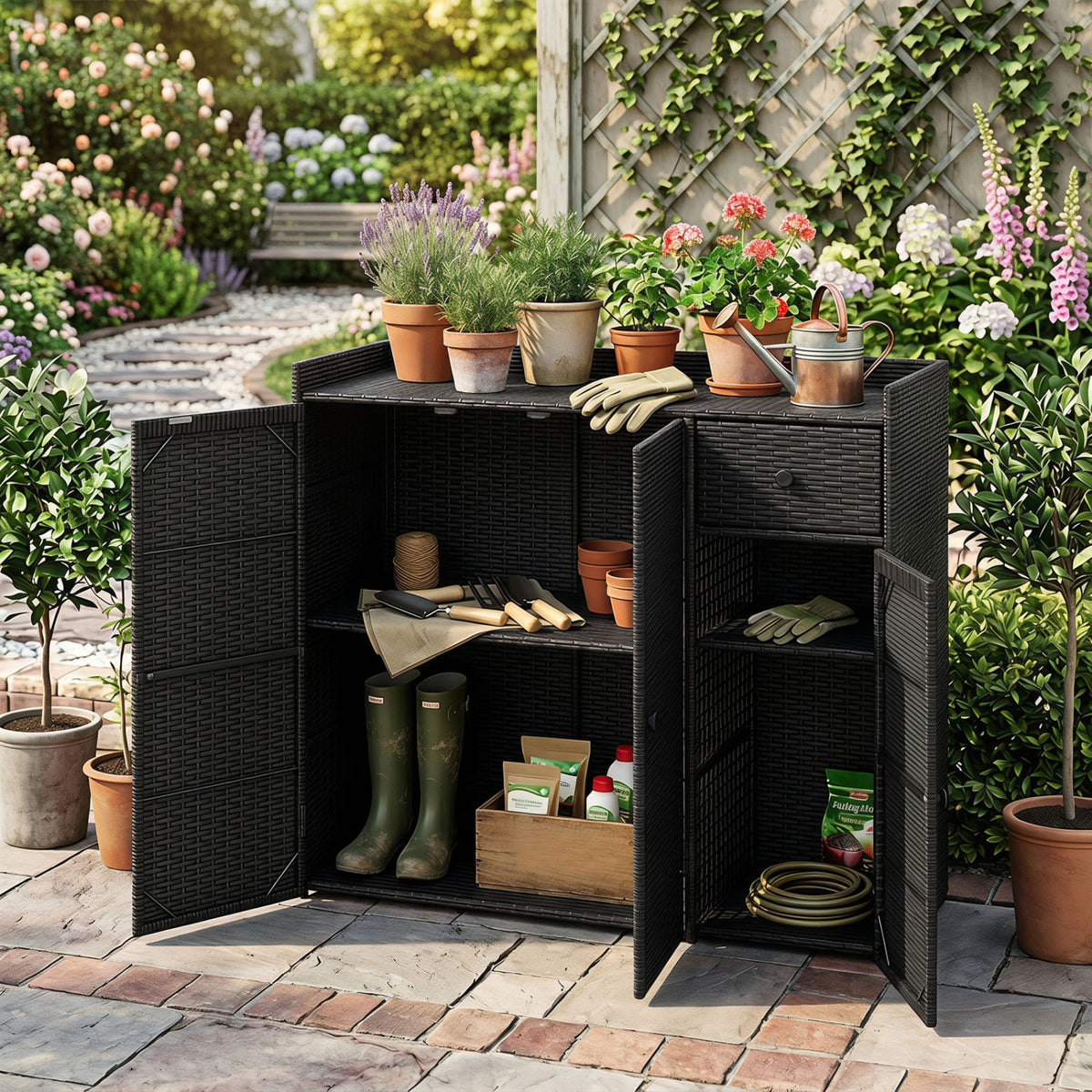 Outdoor PE Wicker Storage Cabinet with 3 Doors and Adjustable Shelves and Drawer