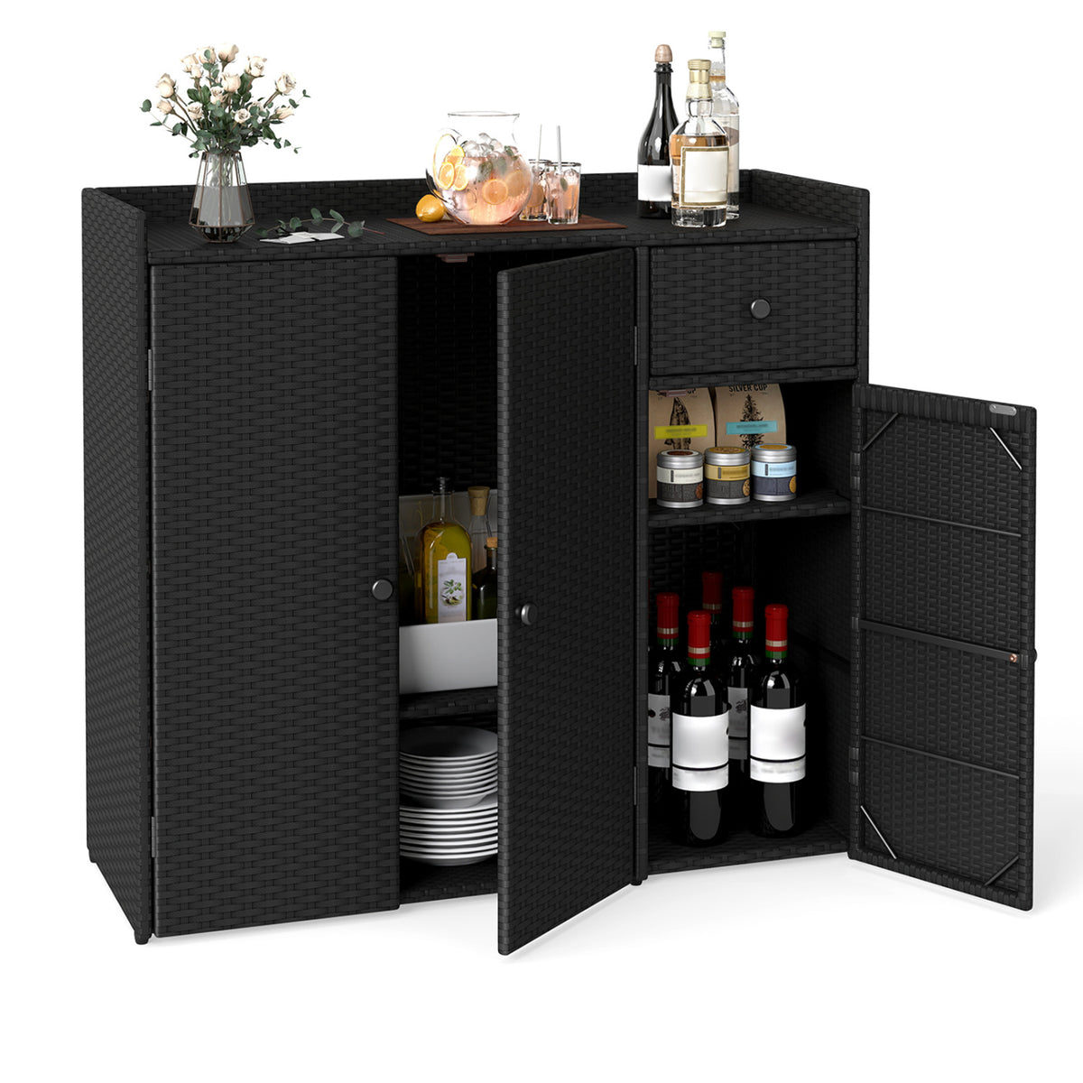Outdoor PE Wicker Storage Cabinet with 3 Doors and Adjustable Shelves and Drawer