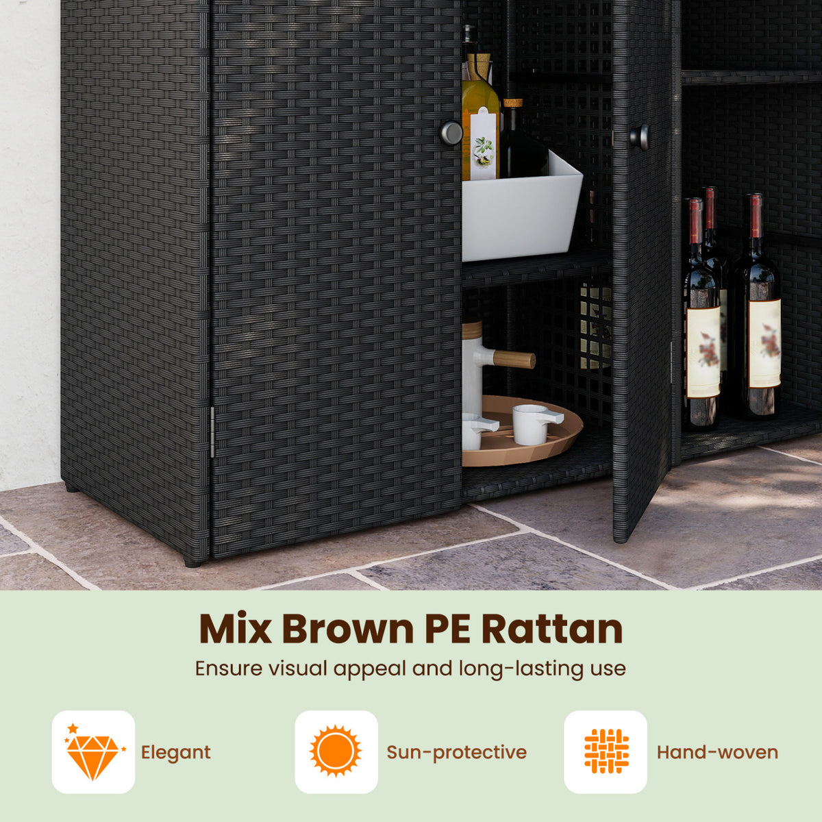 Outdoor PE Wicker Storage Cabinet with 3 Doors and Adjustable Shelves and Drawer
