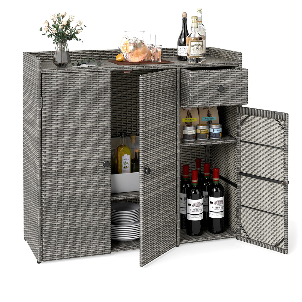 Outdoor PE Wicker Storage Cabinet with 3 Doors and Adjustable Shelves and Drawer