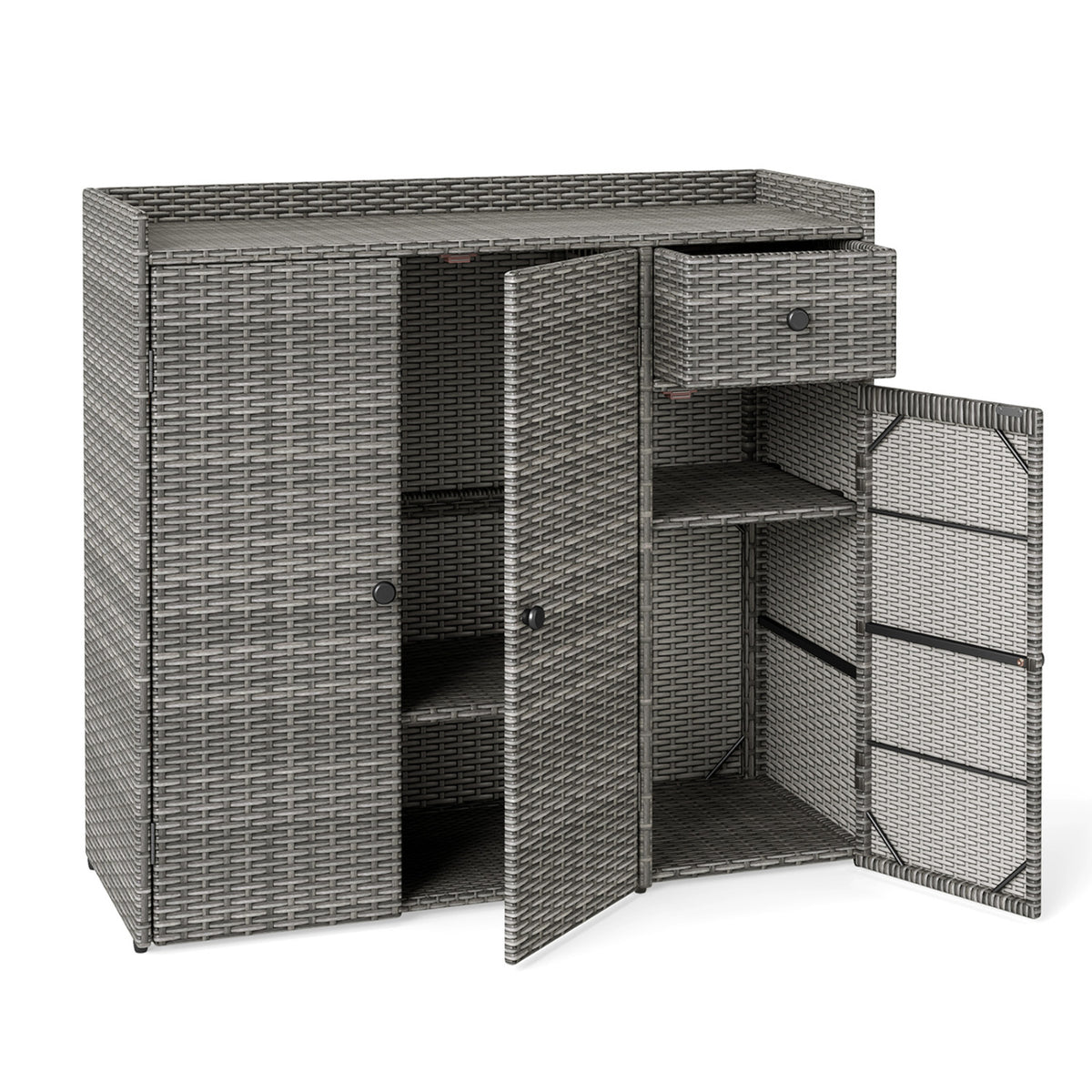 Outdoor PE Wicker Storage Cabinet with 3 Doors and Adjustable Shelves and Drawer