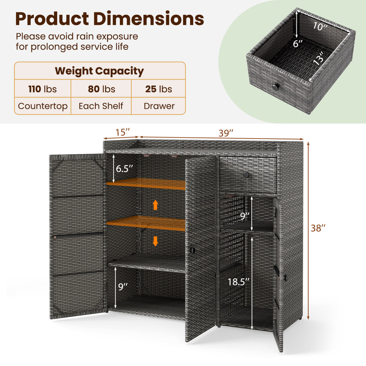 Outdoor PE Wicker Storage Cabinet with 3 Doors and Adjustable Shelves and Drawer