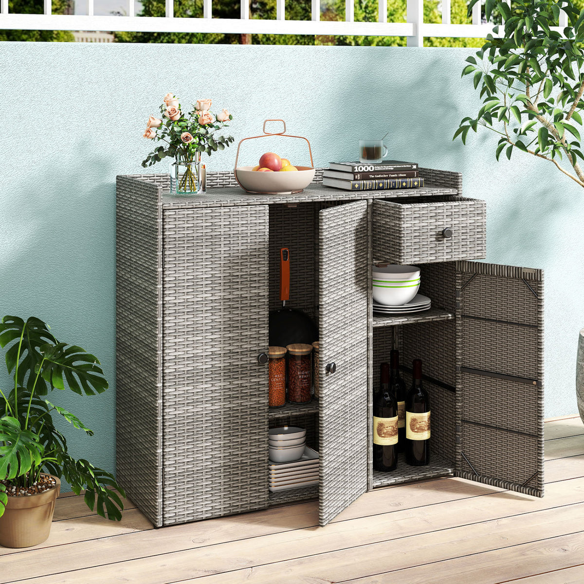 Outdoor PE Wicker Storage Cabinet with 3 Doors and Adjustable Shelves and Drawer