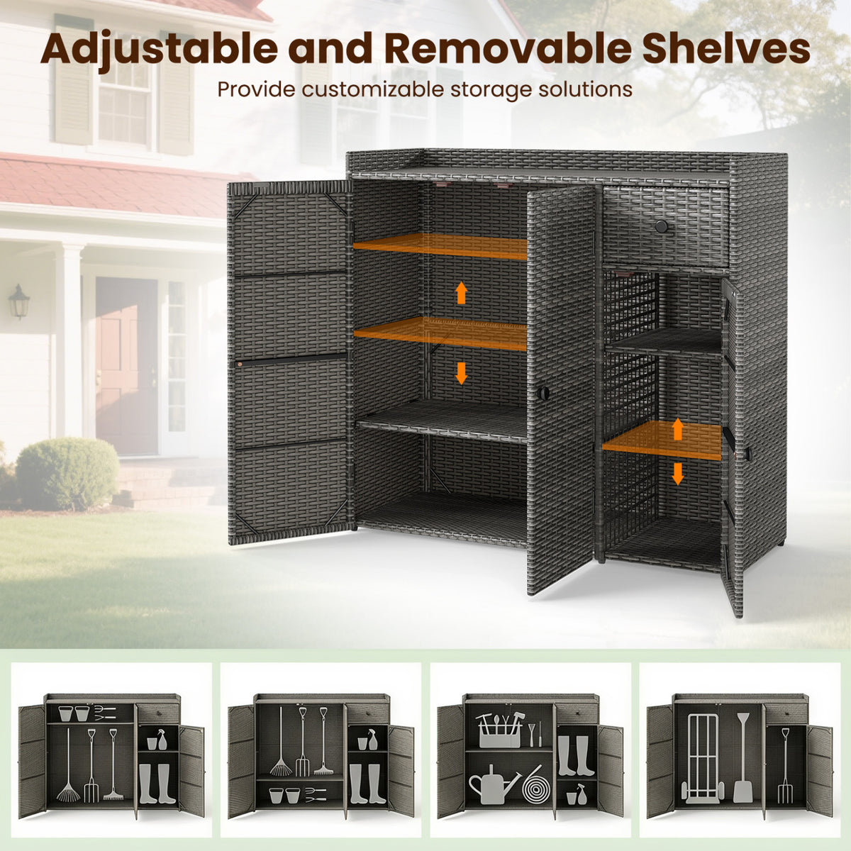 Outdoor PE Wicker Storage Cabinet with 3 Doors and Adjustable Shelves and Drawer