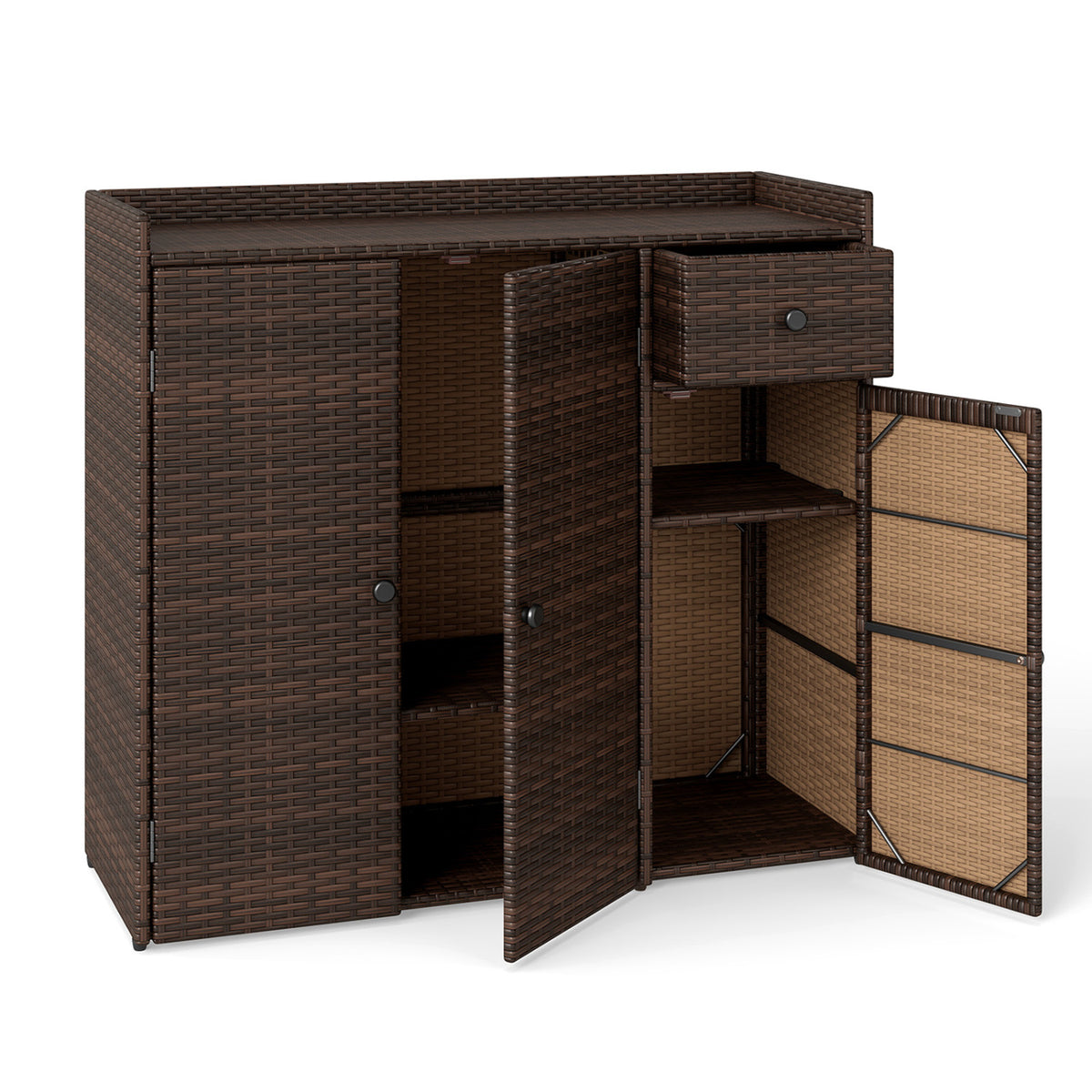 Outdoor PE Wicker Storage Cabinet with 3 Doors and Adjustable Shelves and Drawer