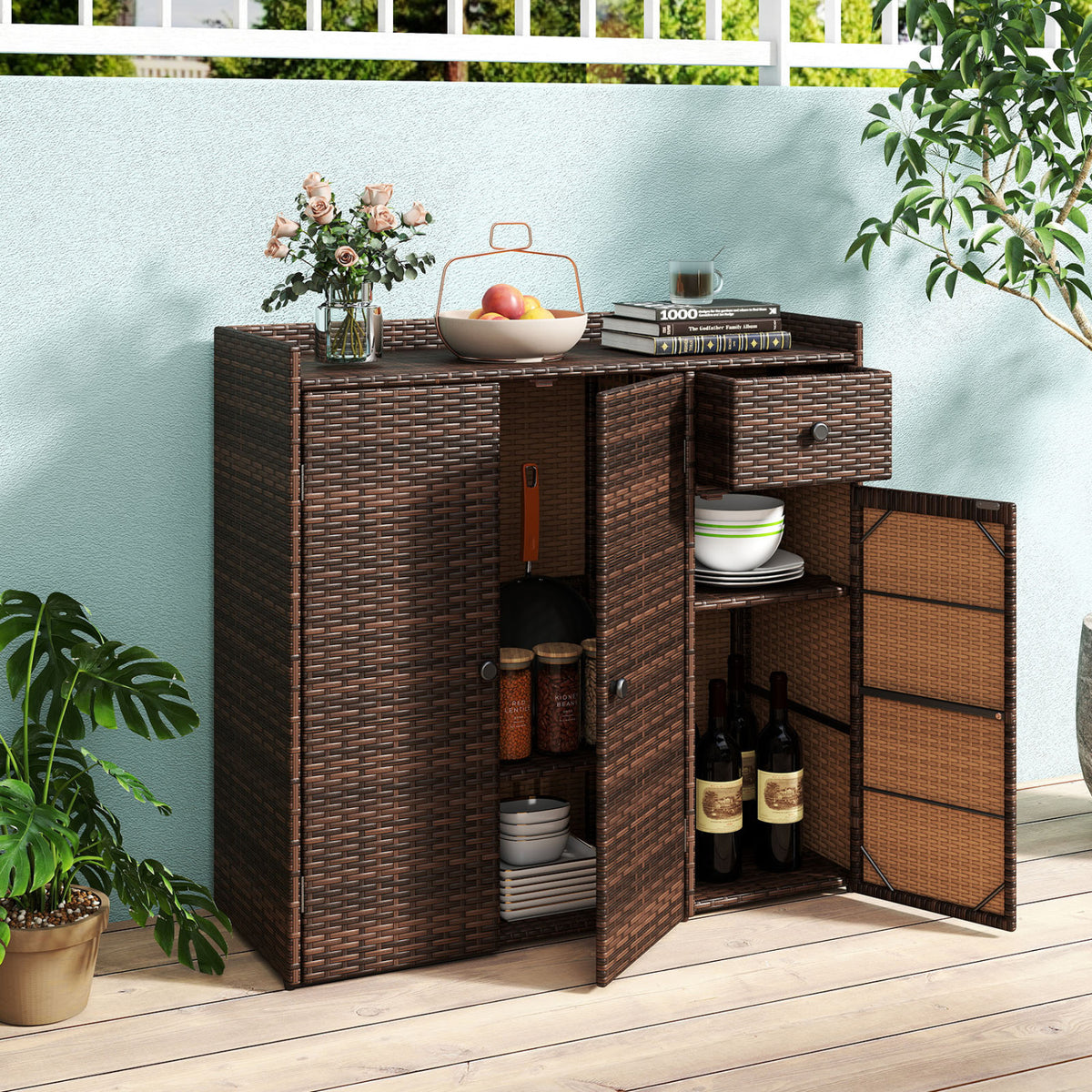 Outdoor PE Wicker Storage Cabinet with 3 Doors and Adjustable Shelves and Drawer