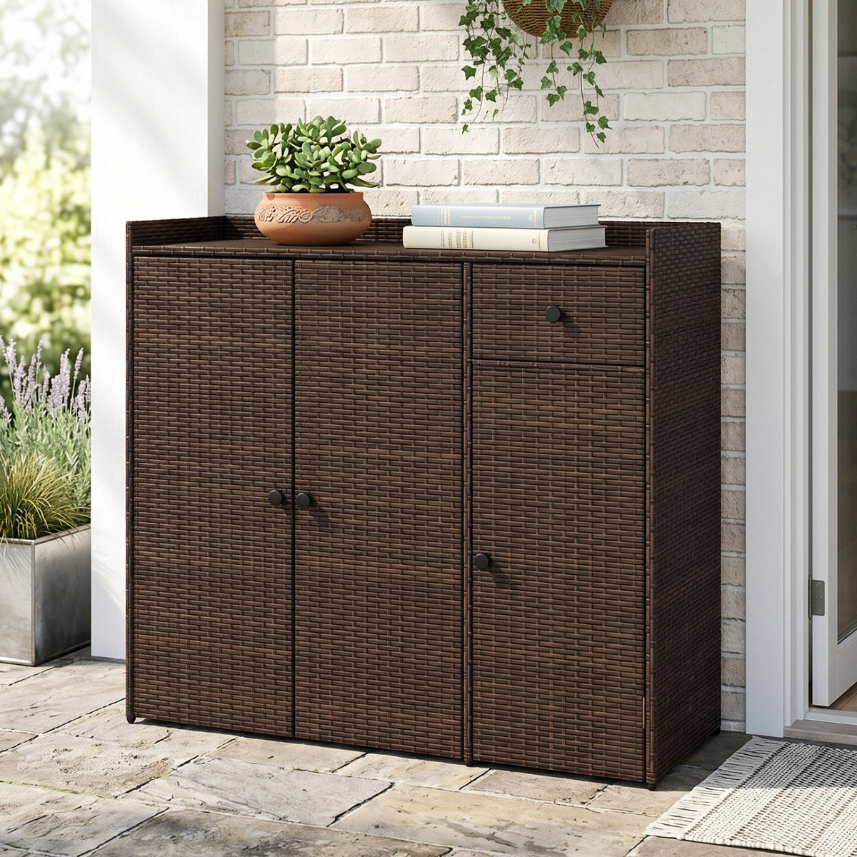Outdoor PE Wicker Storage Cabinet with 3 Doors and Adjustable Shelves and Drawer