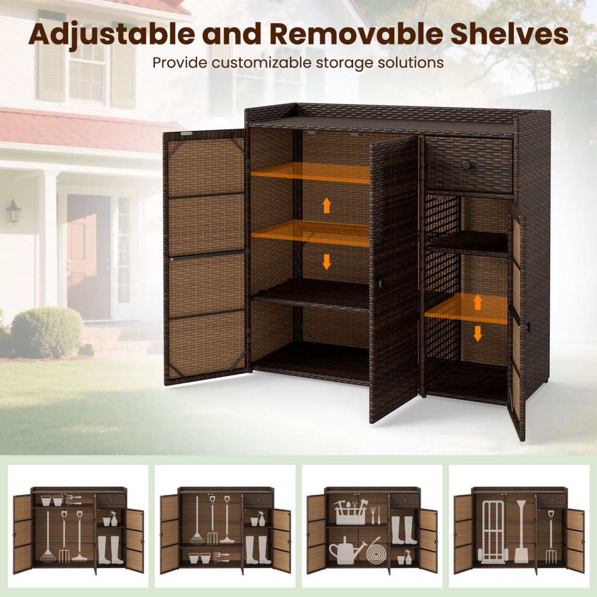 Outdoor PE Wicker Storage Cabinet with 3 Doors and Adjustable Shelves and Drawer