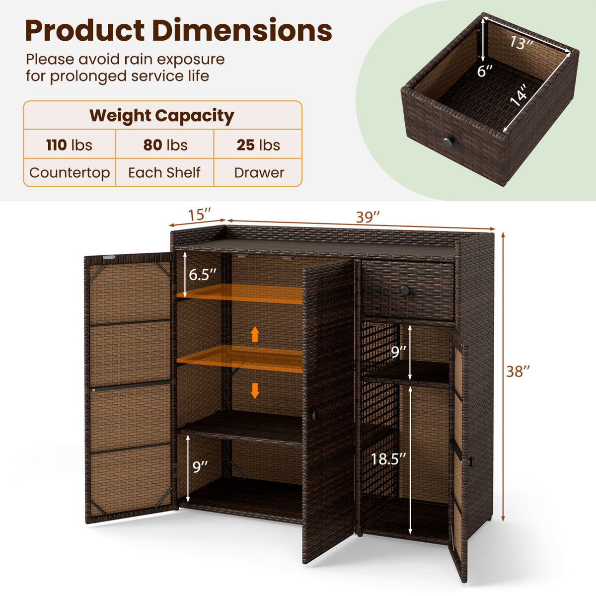 Outdoor PE Wicker Storage Cabinet with 3 Doors and Adjustable Shelves and Drawer