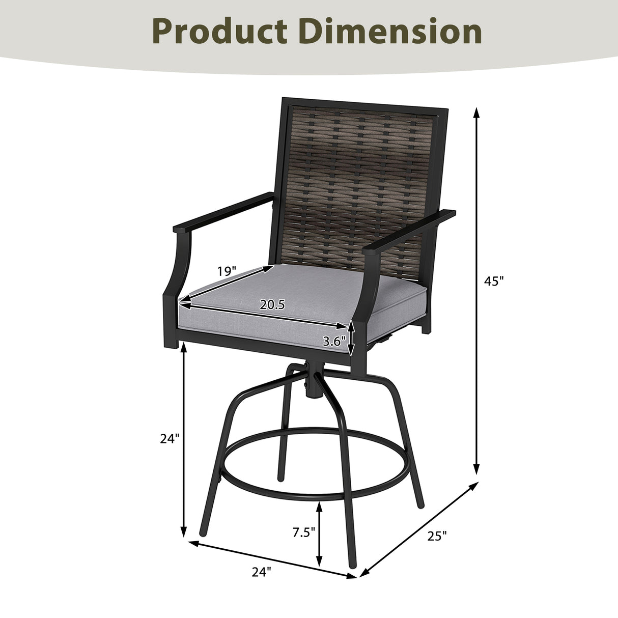 Outdoor PE Wicker Swivel Bar Stools Set of 2 Counter Height Patio Chairs with Back-Grey