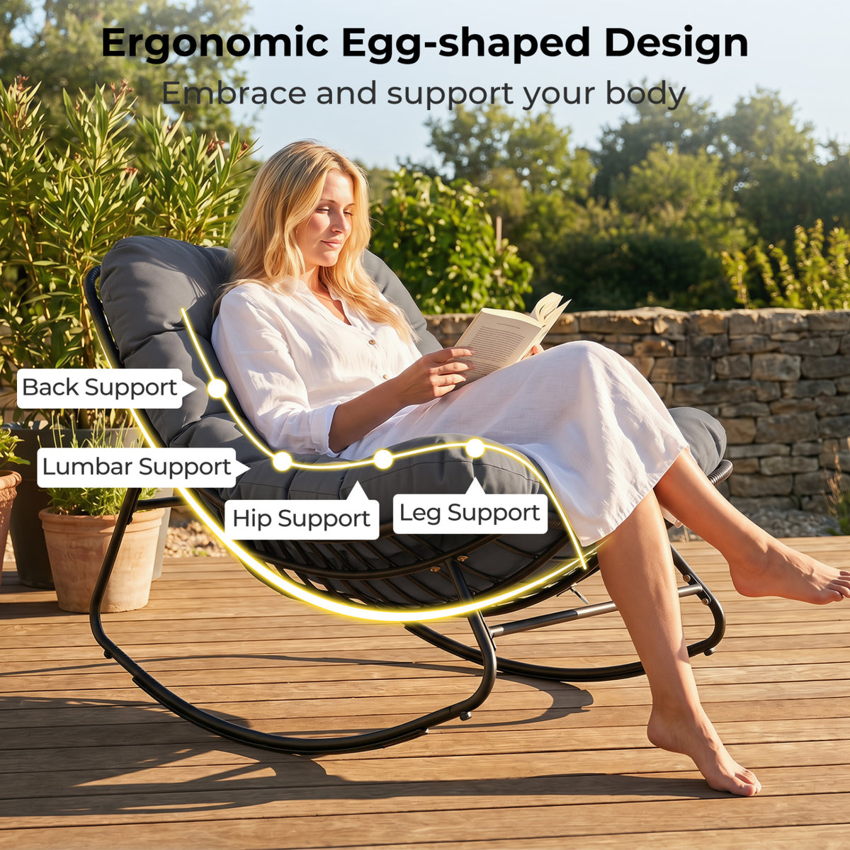 Outdoor Papasan Rocking Chair with Thick Cushion and Pads