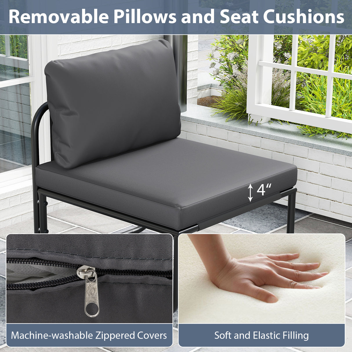 Outdoor Patio Chairs Set of 2 with Removable Cushions and Adjustable Foot Pads-Gray