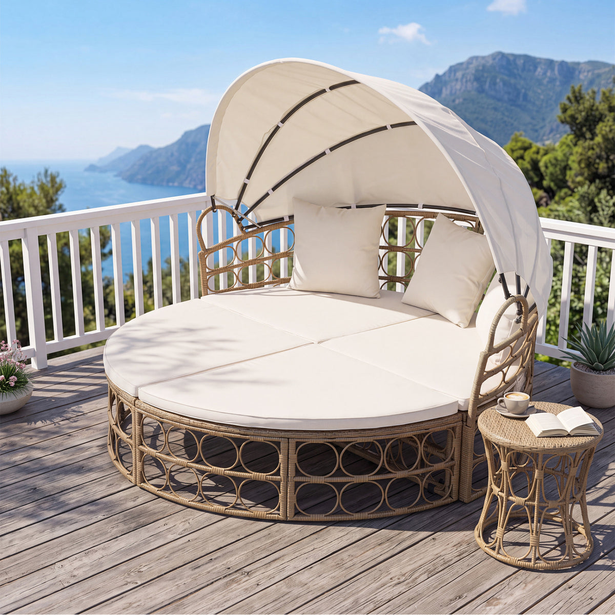 Outdoor Patio Daybed with Retractable Canopy and Cushions Yellow Wicker Rattan Furniture Set-White