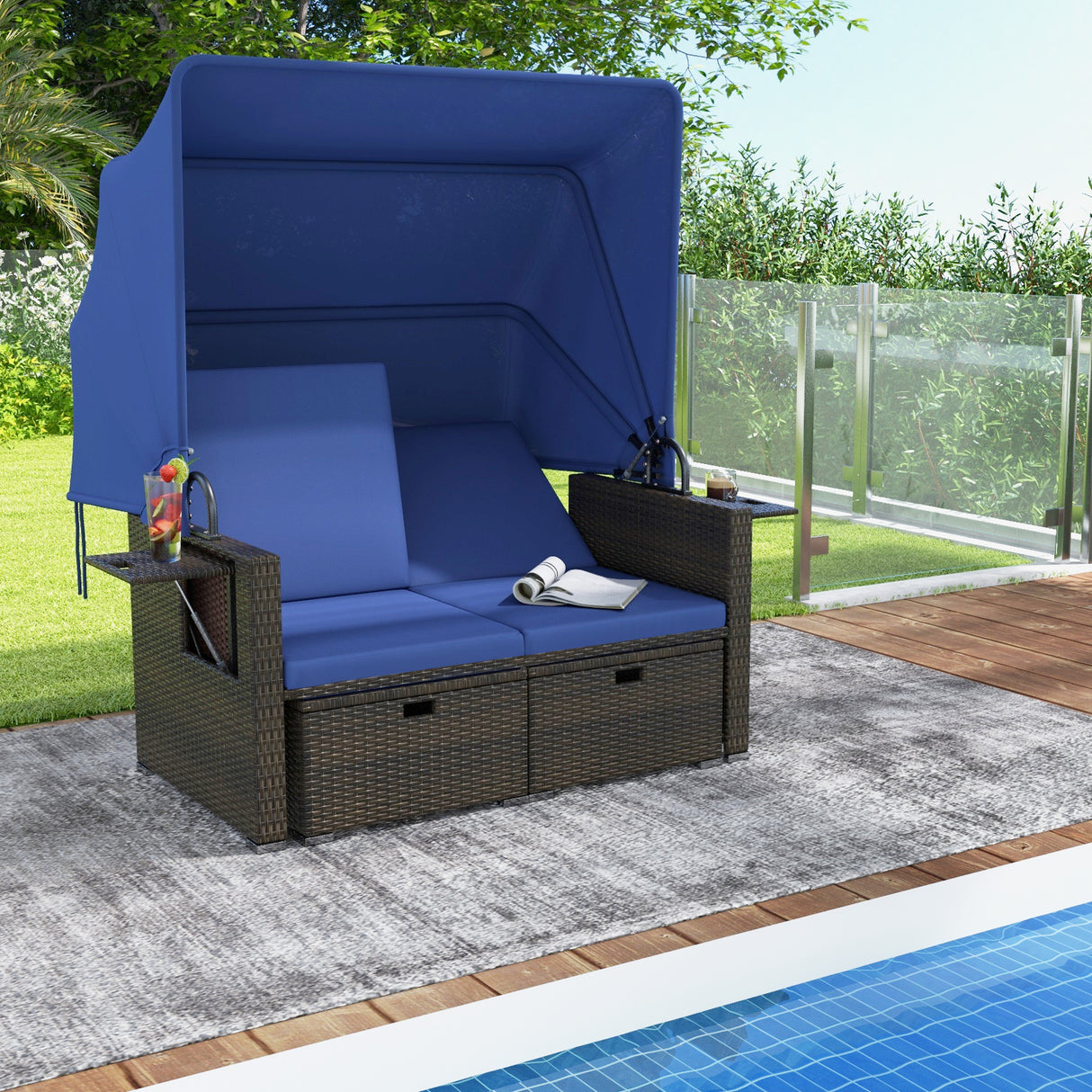 Outdoor Patio Rattan Daybed with Retractable Canopy and Adjustable Backrests