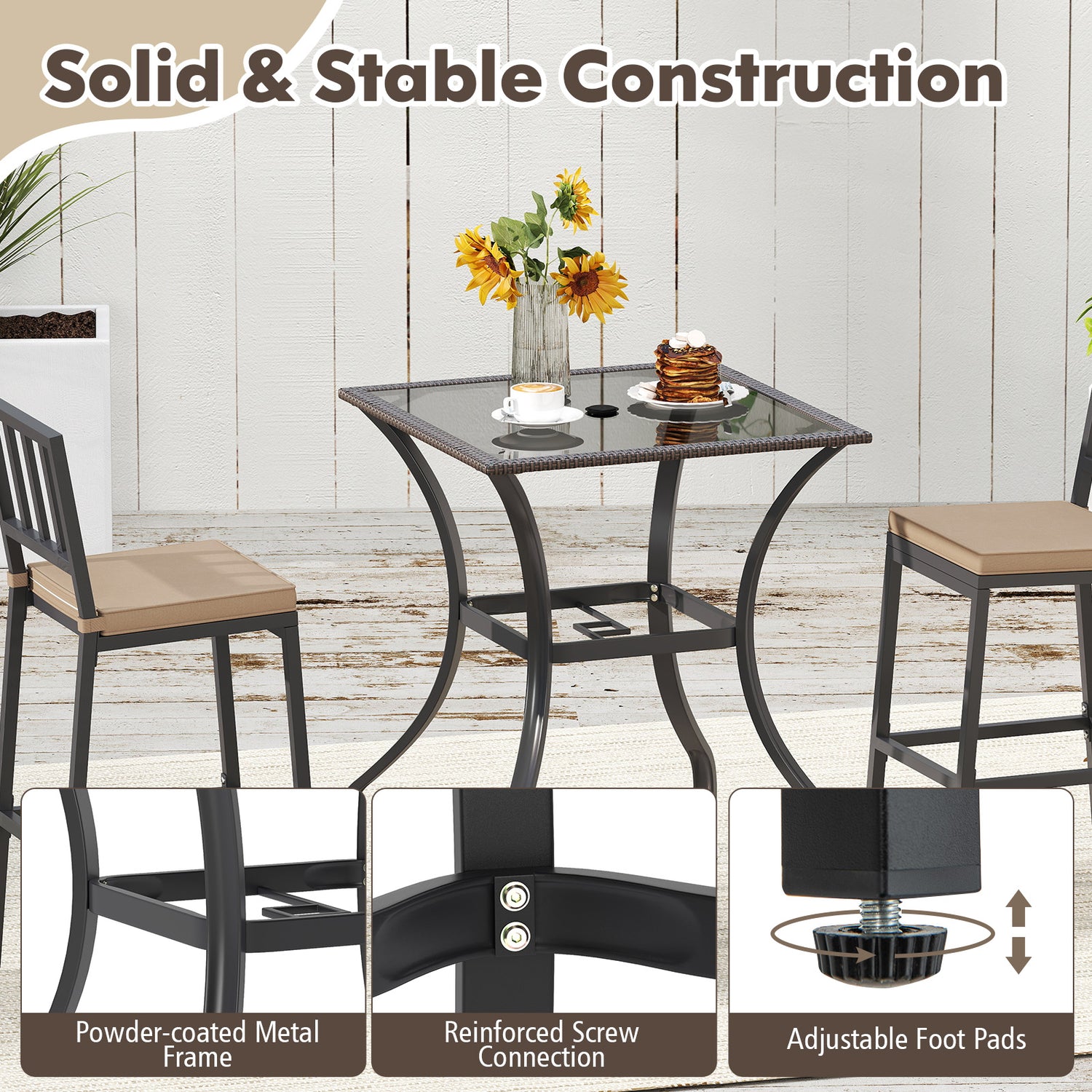 28.5 Inch Outdoor Patio Square Glass Top Table with Rattan Edging