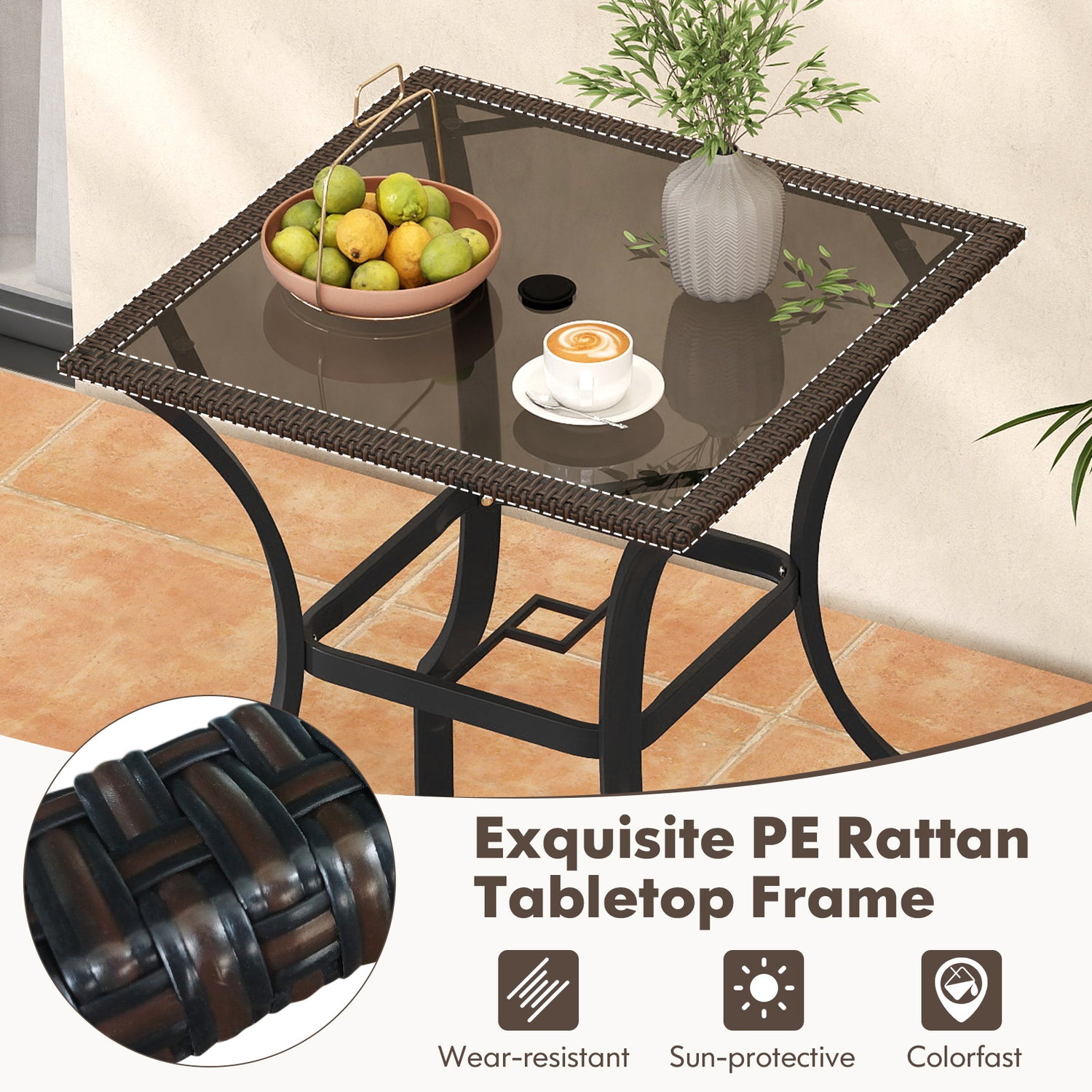 28.5 Inch Outdoor Patio Square Glass Top Table with Rattan Edging