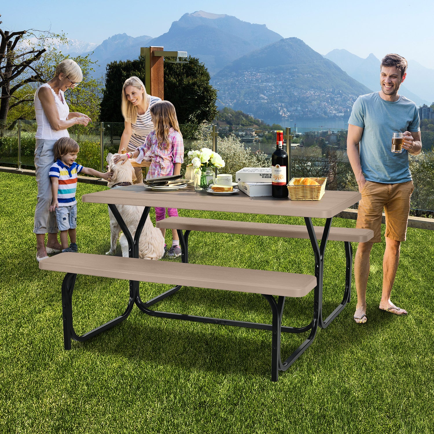 HDPE Outdoor Picnic Table Bench Set with Metal Base