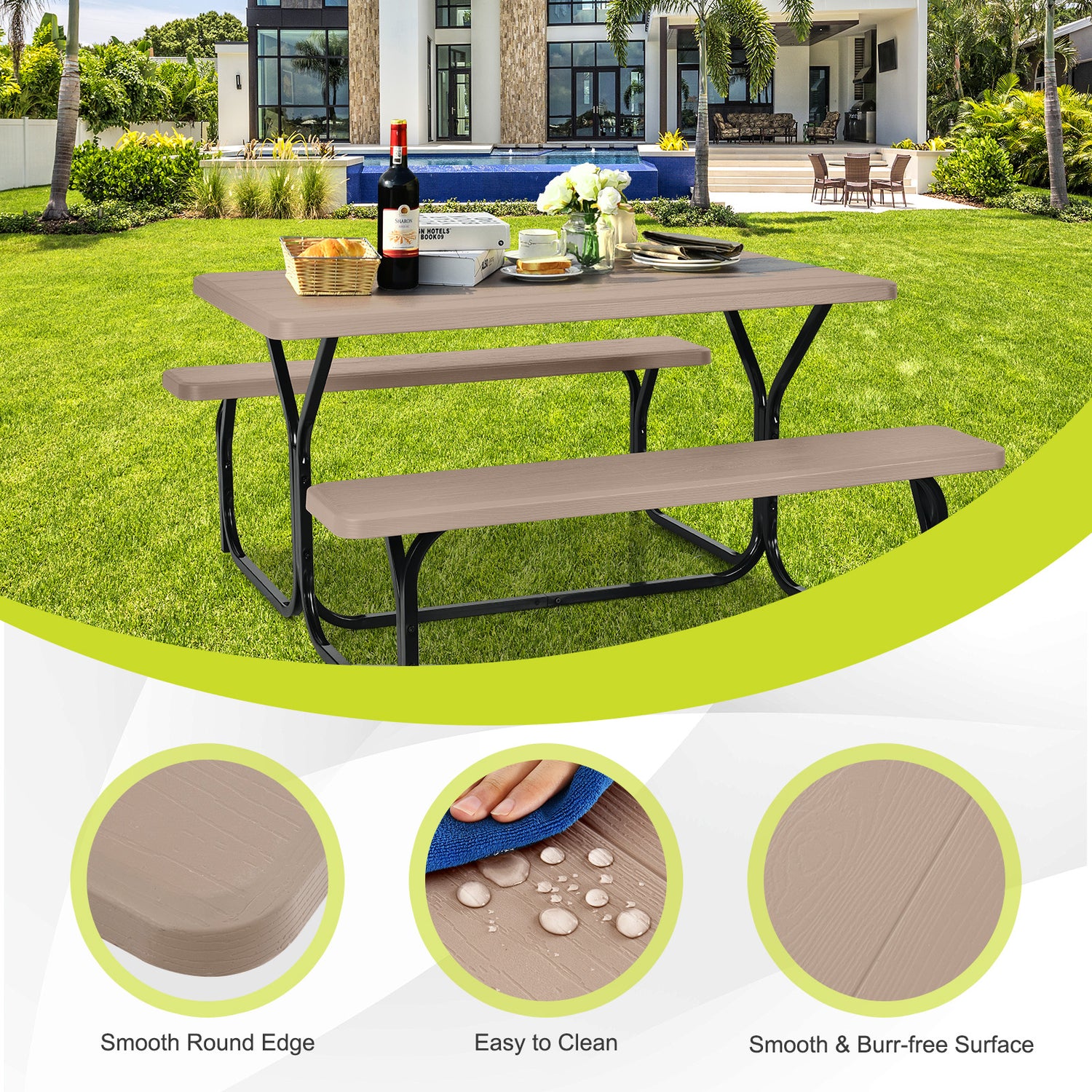 HDPE Outdoor Picnic Table Bench Set with Metal Base