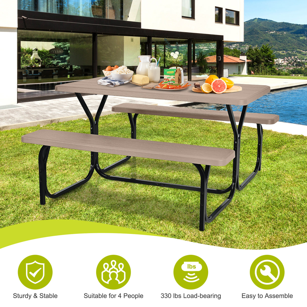 HDPE Outdoor Picnic Table Bench Set with Metal Base