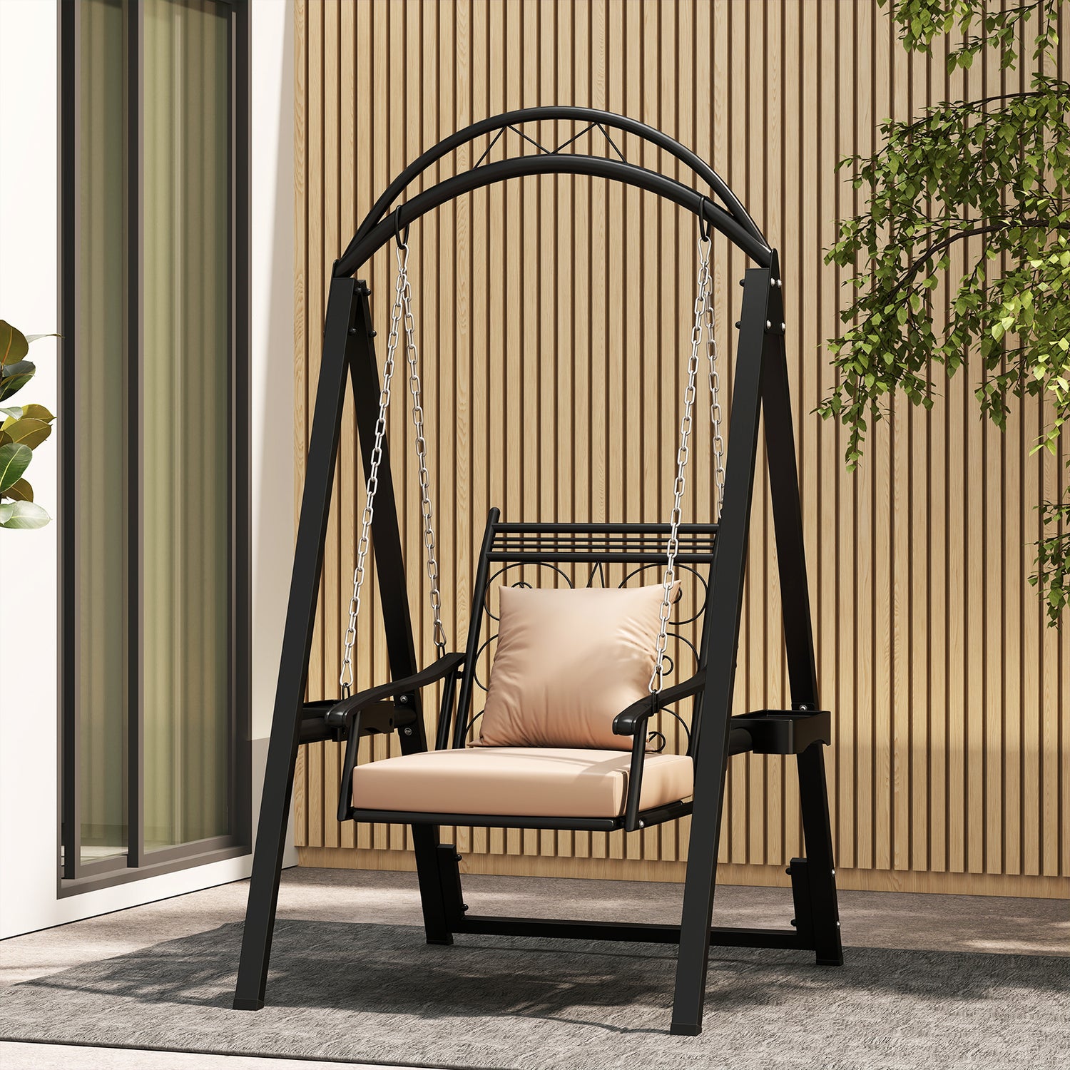 Outdoor Porch Swing with Removable Cushions and Side Tables for Garden Balcony-Black