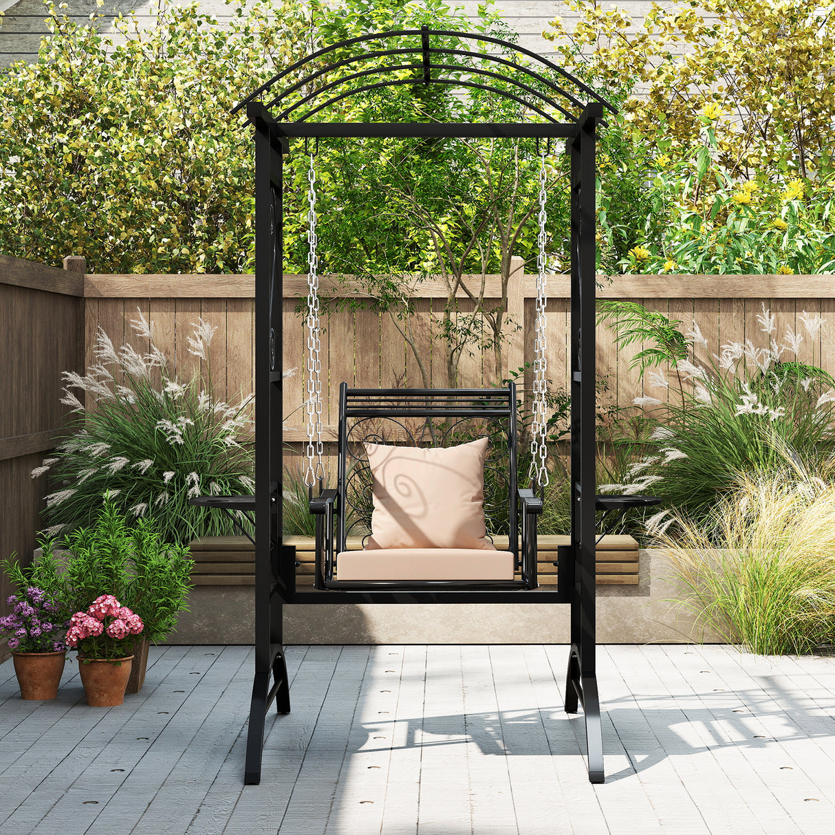 Outdoor Porch Swing with Stand and 2 Trellises for Adults-Black