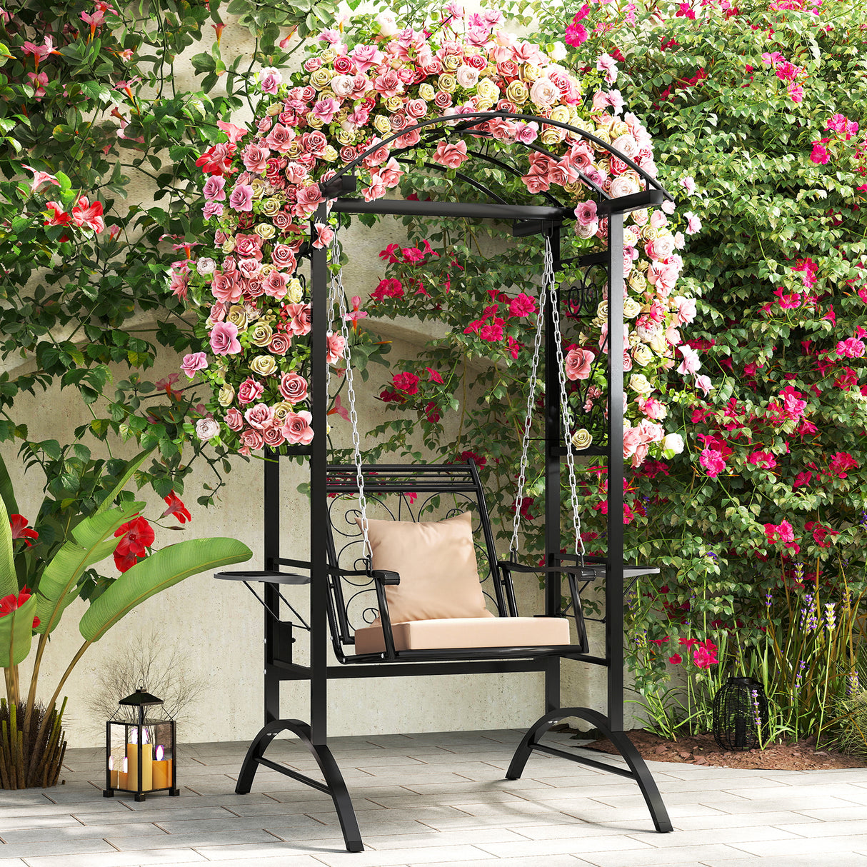Outdoor Porch Swing with Stand and 2 Trellises for Adults-Black
