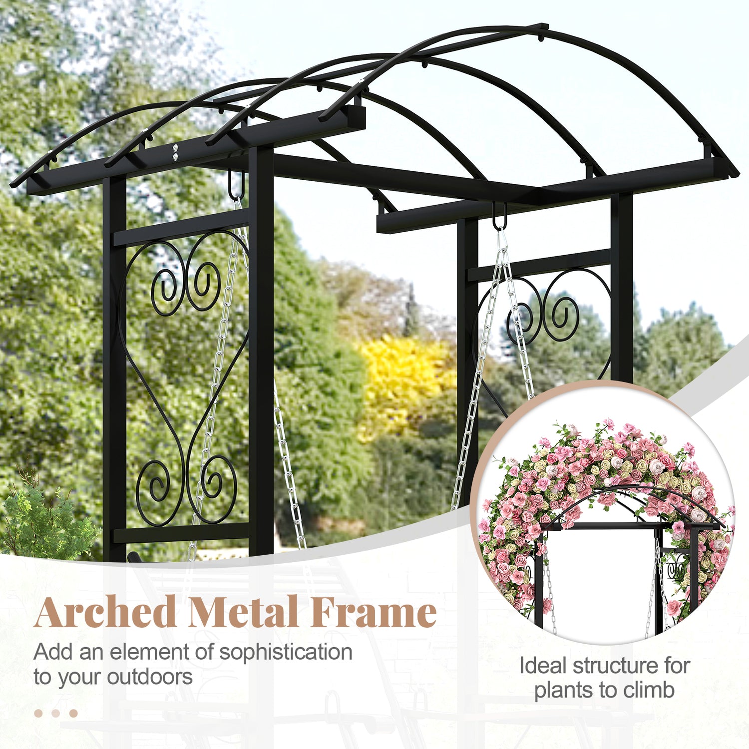 Outdoor Porch Swing with Stand and 2 Trellises for Adults-Black