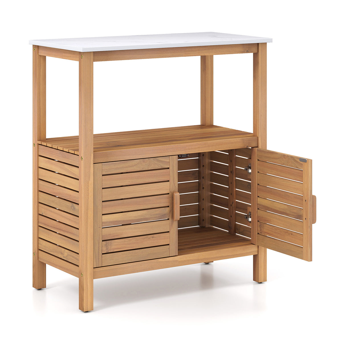 Outdoor Potting Bench Acacia Wood Garden Potting Table Planting Work Bench Station with Louvered Doors