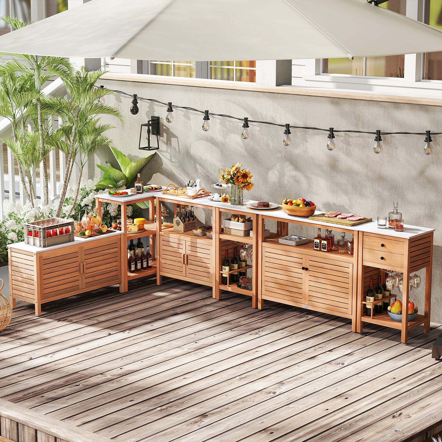 Outdoor Potting Bench Acacia Wood Garden Potting Table Planting Work Bench Station with Louvered Doors