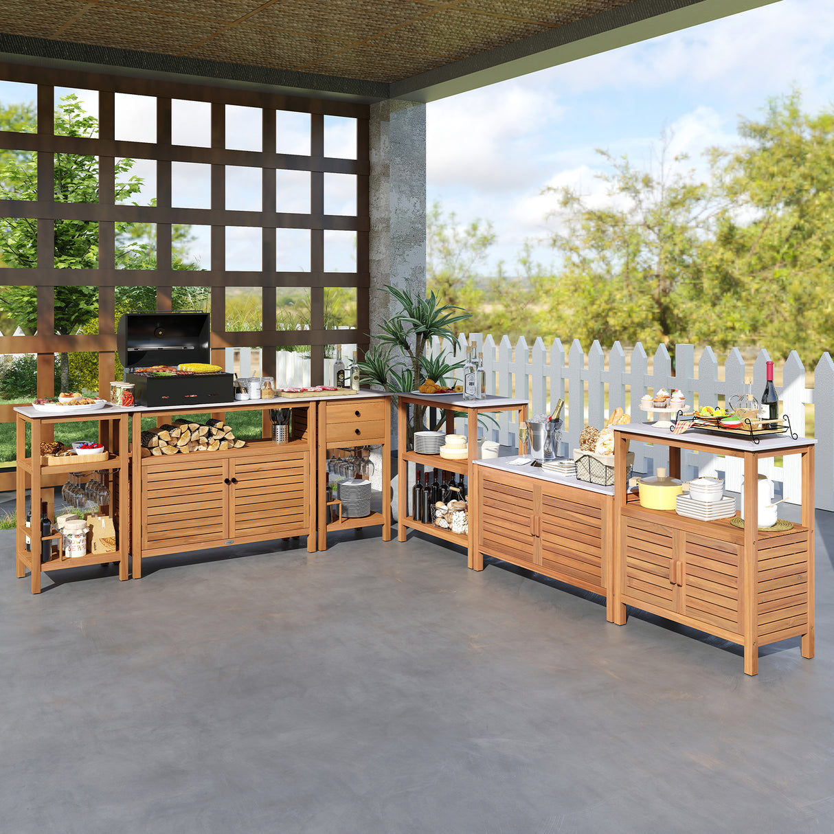 Outdoor Potting Bench Acacia Wood Garden Potting Table Planting Work Bench Station with Louvered Doors