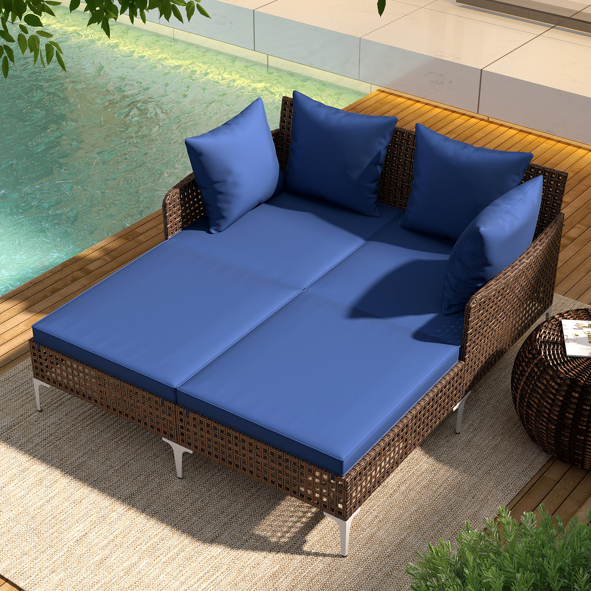 Outdoor Rattan Double Daybed Wicker Chaise Lounge