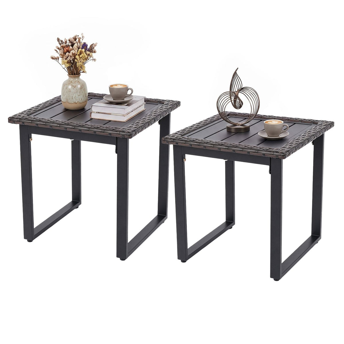 Outdoor Rattan Side Table with Slatted Tabletop and PE Rattan Finish-2/Finish-1 Pieces/Piece