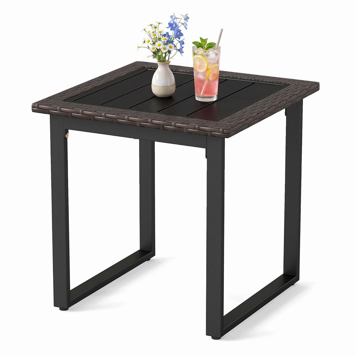 Outdoor Rattan Side Table with Slatted Tabletop and PE Rattan Finish-2/Finish-1 Pieces/Piece