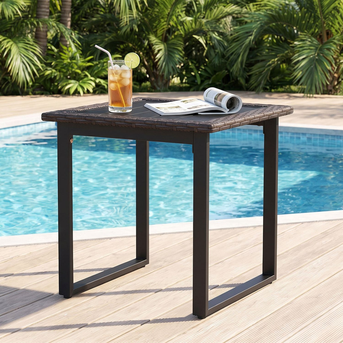 Outdoor Rattan Side Table with Slatted Tabletop and PE Rattan Finish-2/Finish-1 Pieces/Piece
