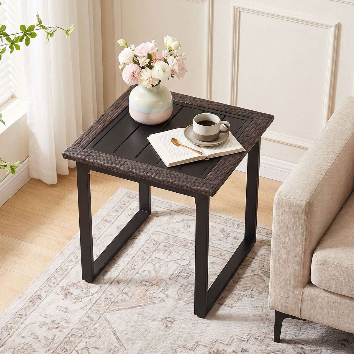 Outdoor Rattan Side Table with Slatted Tabletop and PE Rattan Finish-2/Finish-1 Pieces/Piece