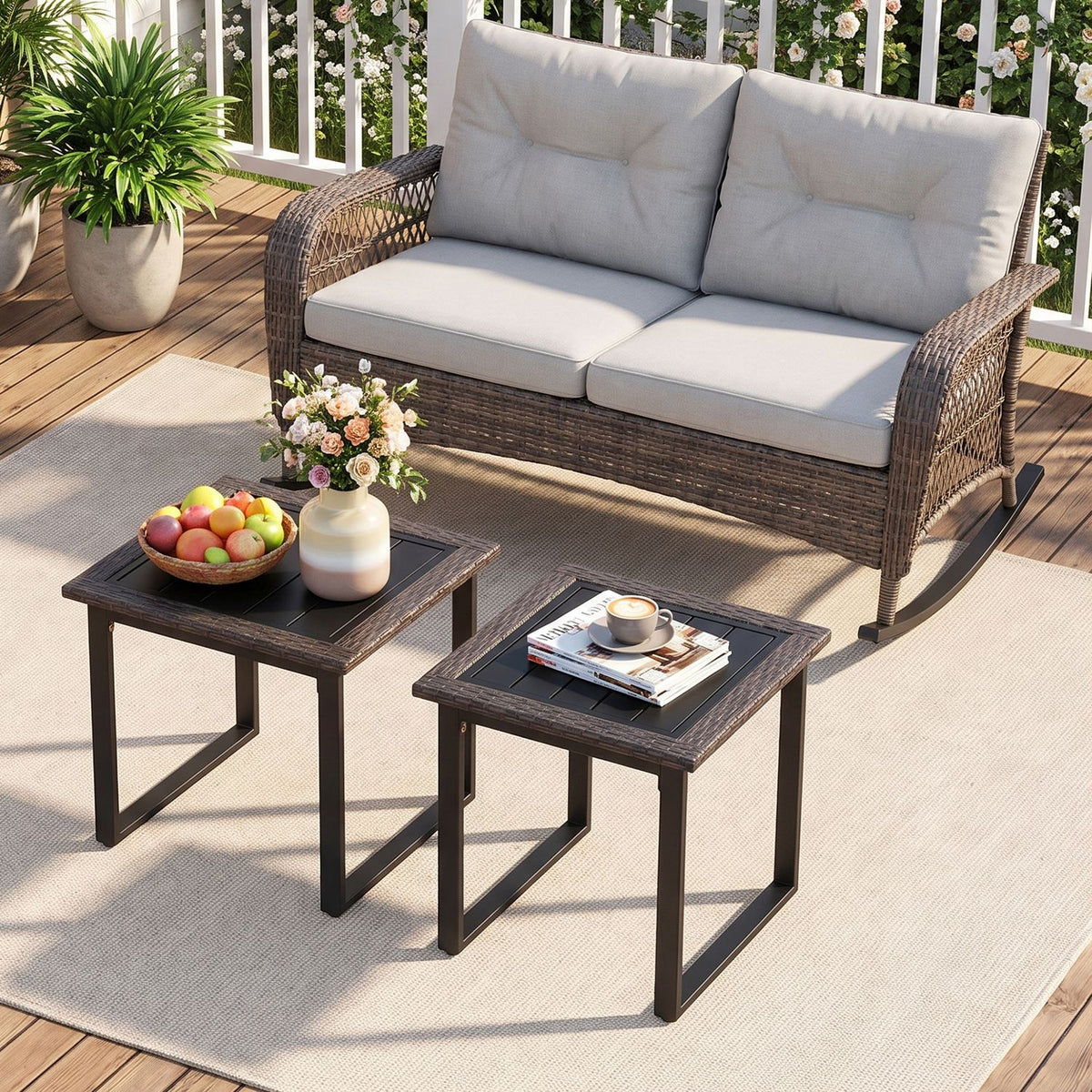 Outdoor Rattan Side Table with Slatted Tabletop and PE Rattan Finish-2/Finish-1 Pieces/Piece