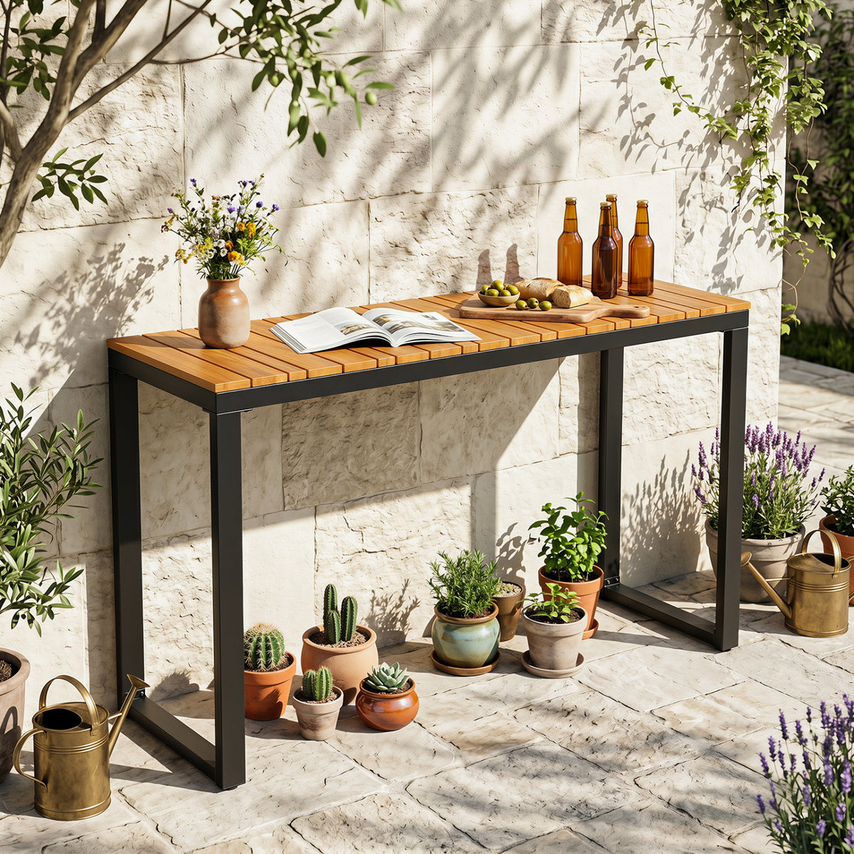 Outdoor Rectangle Console Table with Long-Lasting Acacia Wood Tabletop