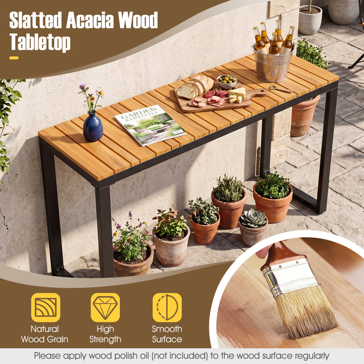Outdoor Rectangle Console Table with Long-Lasting Acacia Wood Tabletop